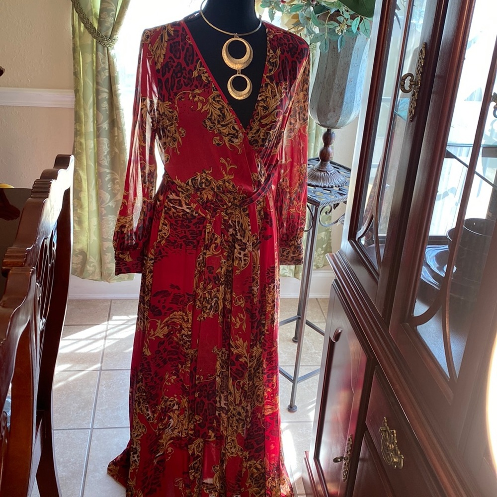 Rust and cream maxi dress with attached belt